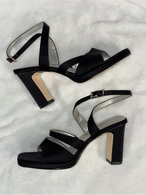 Vintage Sam & Libby Black Satin Strappy Square Toe Heels Size 6.5 M Y2K 90s